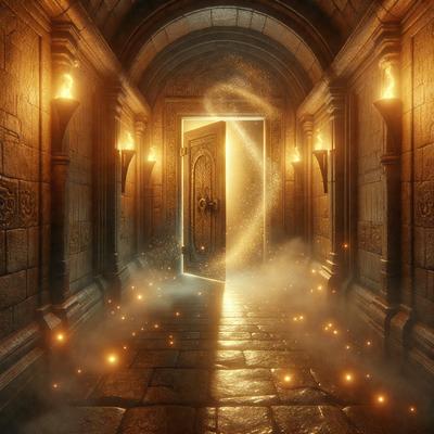 The primary subject of the image is a doorway with a golden glow, giving it an otherworldly appearance. The doorway is located in a stone-walled room, which adds to the overall atmosphere of the scene. The visual style of the image is digital art, as it appears to be a computer-generated or digitally manipulated image. The dominant colors in the image are gold and various shades of brown, creating a warm and inviting mood.